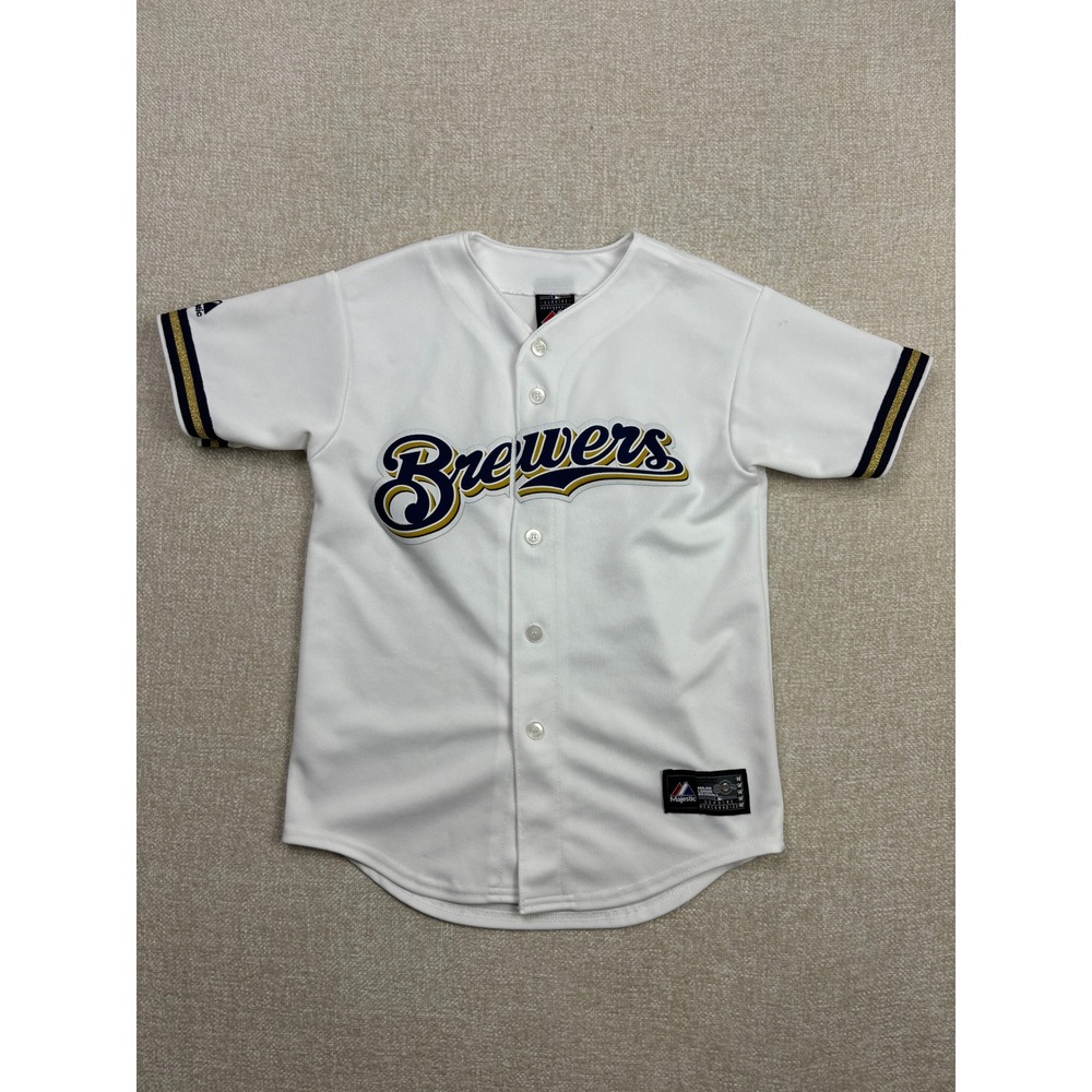 Majestic Milwaukee Brewers Baseball Jersey Kids Medium White Button Up MLB